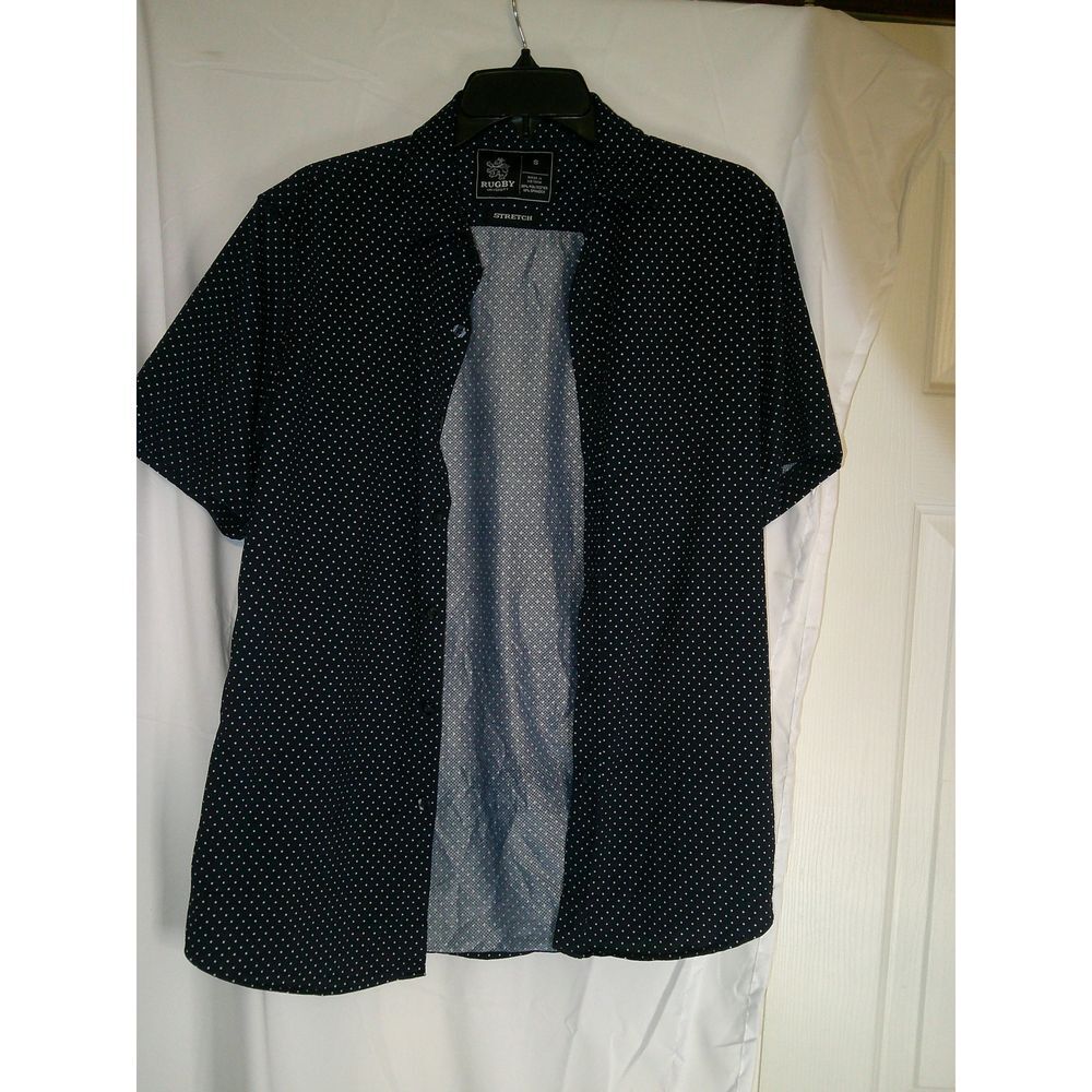 Rugby University Navy Blue Polka‎ Dot Short Sleeve Stretch Shirt Size S